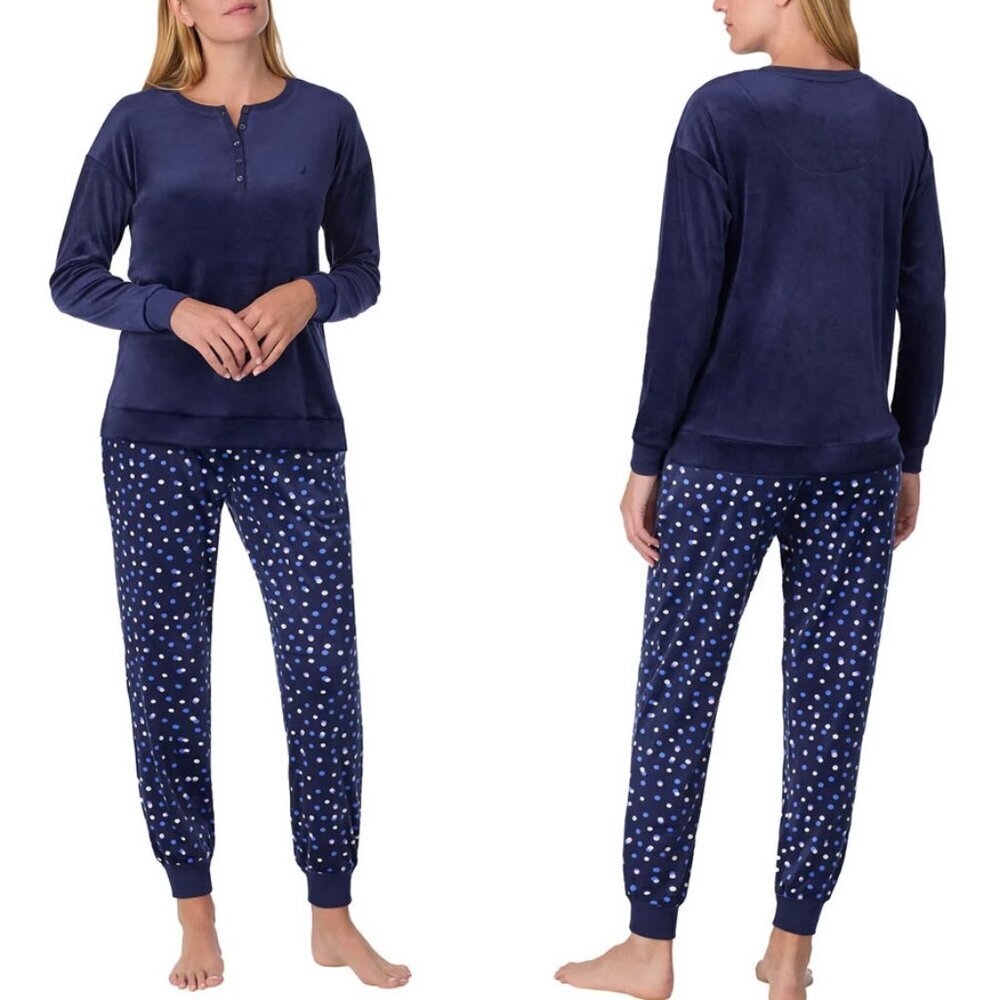 Nautica Women's Dark Blue Polka Dot Henley Silky Fleece Pyjama Set - NWT